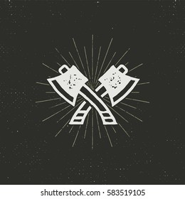 Two crossed axes vector illustration. Silhouette style. Textured lumberjack symbol. Simple design, letterpress effect. Isolated on dark background.