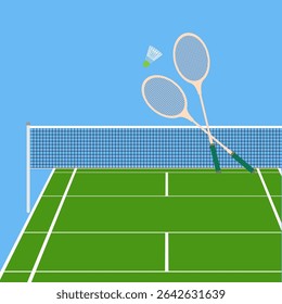 Two crossed badminton rackets and shuttlecock in front of them over badminton court with net on on a blue background