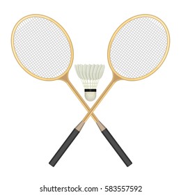 Two crossed badminton rackets and white shuttlecock with black line. Vector illustration of equipments for badminton game sport isolated on background in flat design. Rackets and shuttlecock