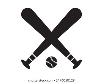 Two crossed baseball bats with ball icon in flat style. on white background, Monochrome icon sports tool. Vector illustration,