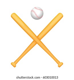 Two crossed baseball bats with small special white ball above. Vector illustration of special equipment consisting of wooden sticks and playing circle for game. Objects for active lifestyle.