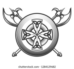 Two crossed battle axes, and shield with celtic friost. Vector illustration