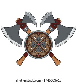 two crossed battle axes with battle shield. vector emblem isolated on white background.