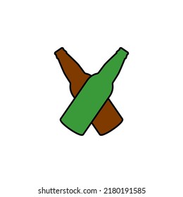 Two crossed beer bottles icon. Isolated outline colored vector illustration on white background.