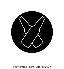 Two crossed beer bottles round icon. Black and white silhouette. Isolated vector illustration on white background.