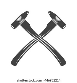 Two crossed big hammers with long handle. Black on white flat vector illustration, logo element isolated on white background