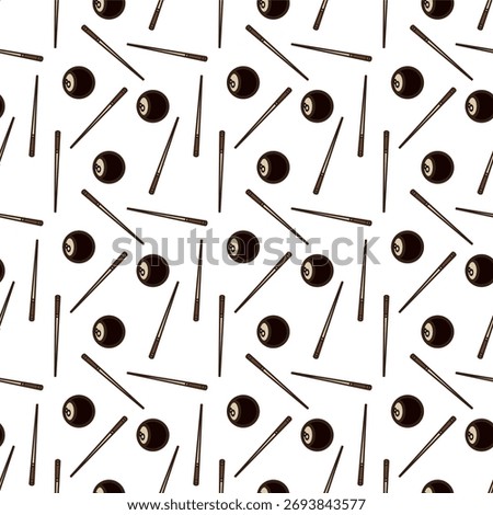 of two crossed billiard cues and an 8-ball on a white background. The cues are brown with lighter brown tips and dark brown handles, forming an 'X' shape.