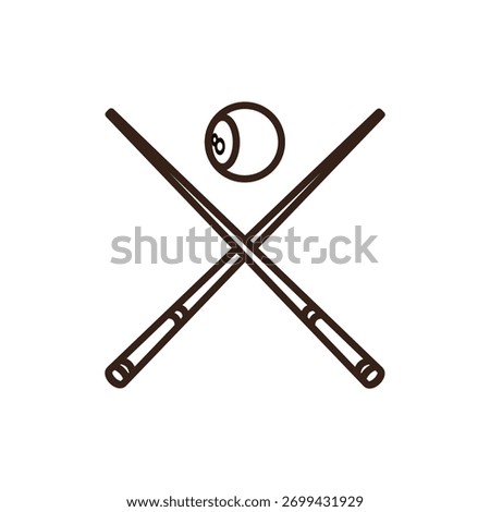 of two crossed billiard cues and an 8-ball on a white background. The cues are brown with lighter brown tips and dark brown handles, forming an 'X' shape.