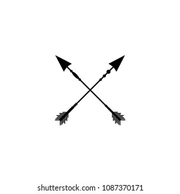 Two crossed black arrows isolated on white. Flat adventure icon. Good for web and software interfaces. Campin, hunting. Wild vacation.