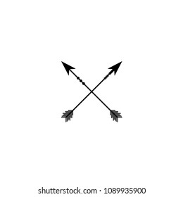 Two crossed black arrows isolated on white. Flat adventure icon. Good for web and software interfaces. Campin, hunting. Wild vacation.