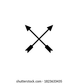 Zwei gekreuzte schwarze Pfeile einzeln auf weiß. Flat Abenteuer Symbol. Campin, Jagd. Wilde Ferien. Criss-Cross-Vintage-Schild