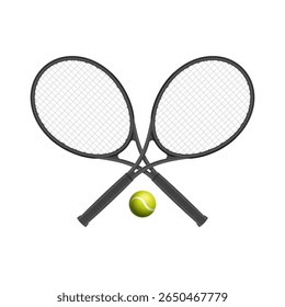 Two crossed black tennis rackets with green ball on white background symbolizing sport, match, competition or athletic event.