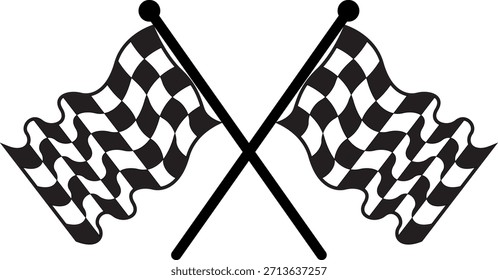 Dos banderas de carreras a cuadros cruzadas en blanco y negro, comúnmente utilizadas como símbolo de automovilismo, final de carrera, velocidad, competencia y victoria. Ilustración vectorial aislada sobre fondo blanco, suitab