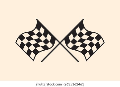 zwei gekreuzte schwarz-weiß karierte Fahnen, die eine Rennstrecke symbolisieren, in einem sauberen, minimalistischen Stil auf beigem Hintergrund. Illustration, Rennsymbol, Rennvektor, Sportsymbol, Grafikdesign