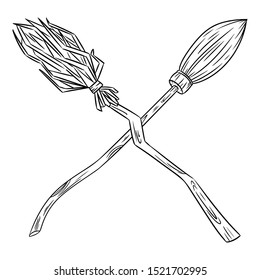 Two crossed broomsticks. Happy Halloween related image or poster with magic brooms