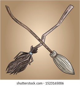Two crossed broomsticks. Happy Halloween related banner or poster with magic brooms