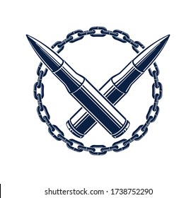 Two crossed bullets vector emblem or logo isolated on white, vintage style coat of arms crest, weapons, army force or gang sign.