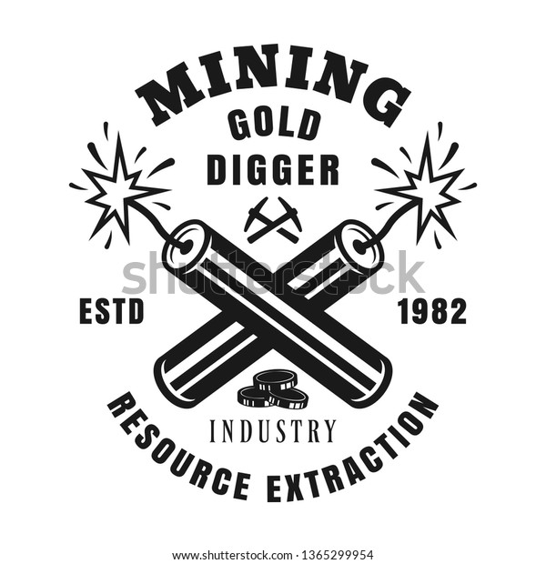 Two crossed burning dynamites vector\
monochrome emblem, badge, label or logo in vintage style for gold\
mining industry isolated on white\
background
