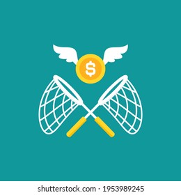 Two crossed butterfly nets with flying golden coins. Catch, hunt, chase money symbol. Achieve goals, financial success, business income concept.  Vector illustration isolated on blue background