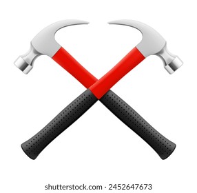 Two Crossed Carpenter's hammers isolated on white background. Fitter's hammer for chiselling and driving in nails and dowels as well as for joining components. Realistic 3d vector illustration