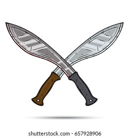 Two crossed cartoon machetes. Cartoon kukri