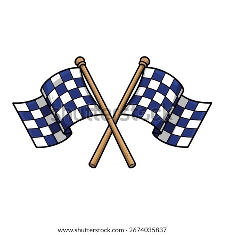 Two crossed checkered flags in a cartoon style, symbolizing racing, competition, and the finish line in motorsport, vector illustration.