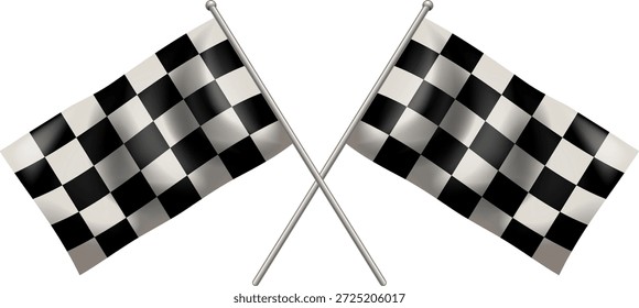 Dos banderas a cuadros cruzadas con postes metálicos, estilo de Vector limpio, fondo blanco, tema de carreras