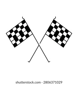 Two crossed checkered flags on poles, symbolizing a racing finish line, victory and speed in a competitive event