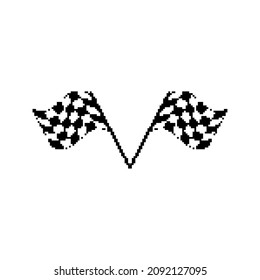 Two crossed checkered flags. Pixel art icon. Auto Moto racing. Game assets. Isolated abstract vector illustration. 8-bit sprite.