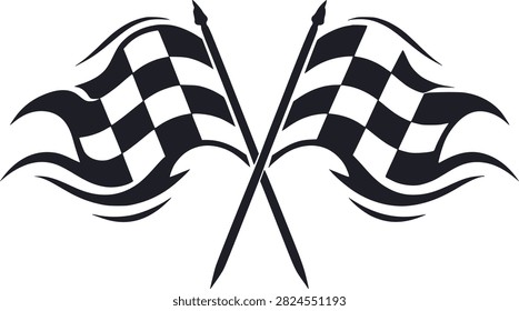 Two crossed checkered racing flags on flagpoles isolated on white. Symbolizing speed competition victory and motorsport racing theme for sports branding.