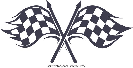 Two crossed checkered racing flags on flagpoles isolated on white. Symbolizing speed competition victory and motorsport racing theme for sports branding.