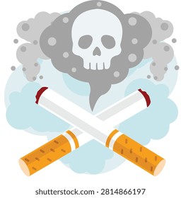 Two crossed cigarettes under a skull shaped toxic smoke cloud dangerous concept.