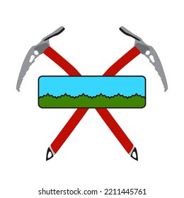 Two crossed climbing ice axes. Table with the motif of mountains and sky. Vector illustration.