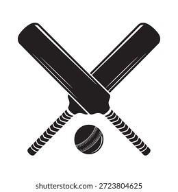Two crossed cricket bats and a cricket ball in black and white