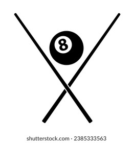 Dos pistas cruzadas y una bola de billar número ocho. Emblema del club Billiard. Ilustración vectorial plana aislada en fondo blanco.