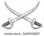 Two crossed curved arabic sword. Cold weapon. Vector sketch of pirate sabre in engraving technique. Corsair