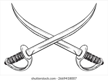 Zwei gebogene arabische Schwert mit Kreuz. Kaltes Gewehr. Vektorskizze des Piratensäbels in Graviertechnik. Corsairs Schwert mit schmaler Klinge. Lineare Zeichnung auf weißem Hintergrund. Nachahmung der Gravur