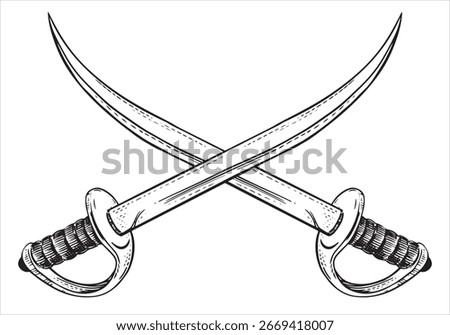 Two crossed curved arabic sword. Cold weapon. Vector sketch of pirate sabre in engraving technique. Corsair's broadsword with a narrow blade. Linear drawing on white background. Imitation of engraving