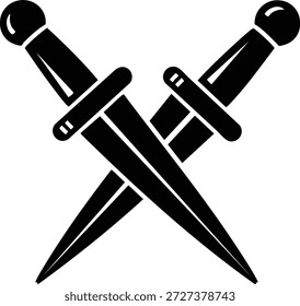 Two crossed daggers with round handles and sharp blades isolated on transparent background