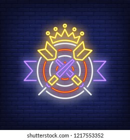 Two crossed darts on target with crown neon sign. Illustration of two crossed darts on target with crown on dark brick blue background. Can be used for topics like entertainment, games, advertisement