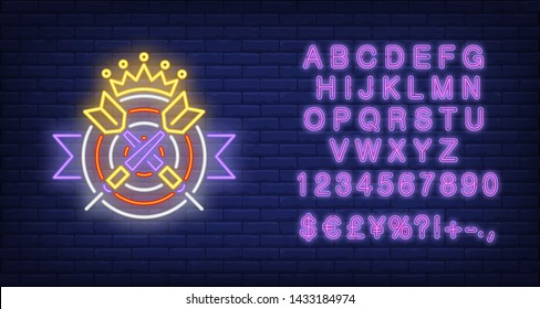 Two crossed darts on target with crown neon sign. Illustration of two crossed darts on target with crown on dark brick blue background. Can be used for topics like entertainment, games, advertisement