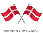 Two Crossed Denmark Flags Icon with Waving Flagpoles. Flat Cartoon Style Vector Illustration Isolated on White Background. Editable Scalable EPS File for Graphic Design Elements