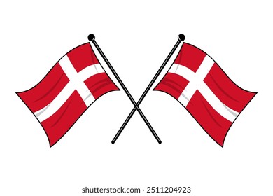 Two Crossed Denmark Flags Icon with Waving Flagpoles. Flat Cartoon Style Vector Illustration Isolated on White Background. Editable Scalable EPS File for Graphic Design Elements