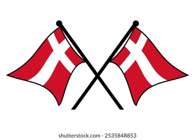 Two Crossed Denmark Flags Icon with Waving Flagpoles. Flat Cartoon Style Vector Illustration Isolated on White Background. Editable Scalable EPS File for Graphic Design Elements