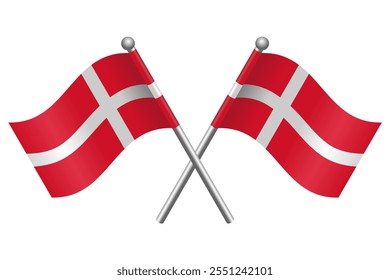 Two Crossed Denmark Flags Icon with Waving Flagpoles. Flat Cartoon Style Vector Illustration Isolated on White Background. Editable Scalable EPS File for Graphic Design Elements