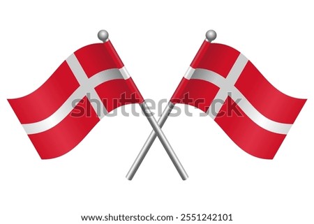 Two Crossed Denmark Flags Icon with Waving Flagpoles. Flat Cartoon Style Vector Illustration Isolated on White Background. Editable Scalable EPS File for Graphic Design Elements