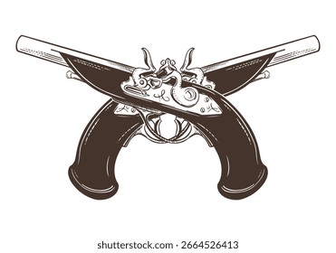 Dos pistolas de duelo cruzadas. Ilustración vectorial de antiguos mosquetes de chispa con empuñadura de madera. Arma pirata y filibustera. Boceto dibujado a mano. Imitación de la técnica de grabado.