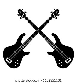 Two crossed electric bass guitars. Symmetrical rock emblem. Black and white silhouette. Isolated vector illustration. 