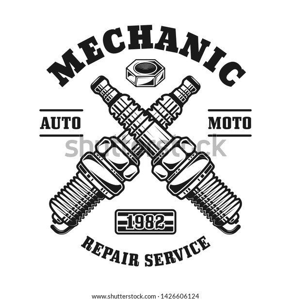 Two crossed engine candles or spark\
plugs vector emblem, label, badge, logo for repair service in\
monochrome vintage style isolated on white\
background