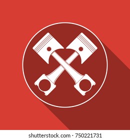 Two crossed engine pistons icon isolated with long shadow. Flat design. Vector Illustration
